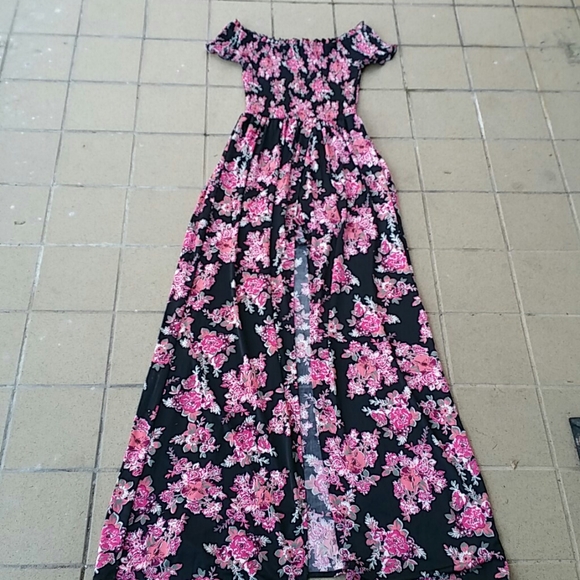 No Comment Long Floral Print Dress With Built-in Shorts Front Slit Size Medium - Picture 6 of 11